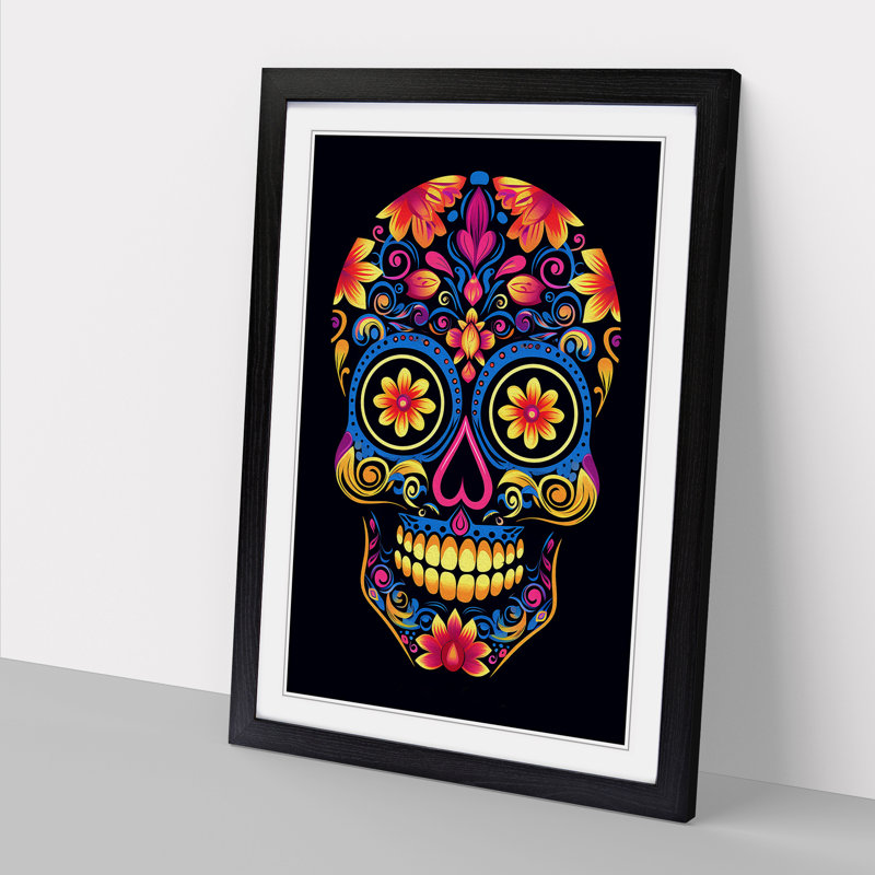 Sugar Skull Minimalism No.2 - Single Picture Frame Print on Wood, 34cm H x 25cm W x 2cm D, Black