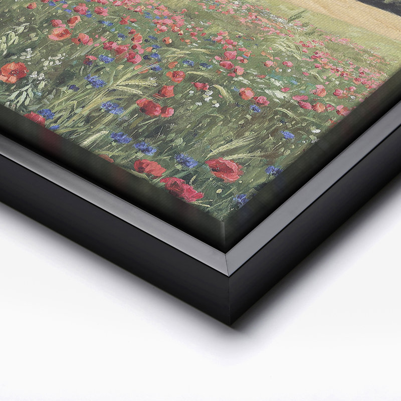 Champ avec coquelicots et marguerites, Cadre noir, Canevas, H 12 po x l 16 po