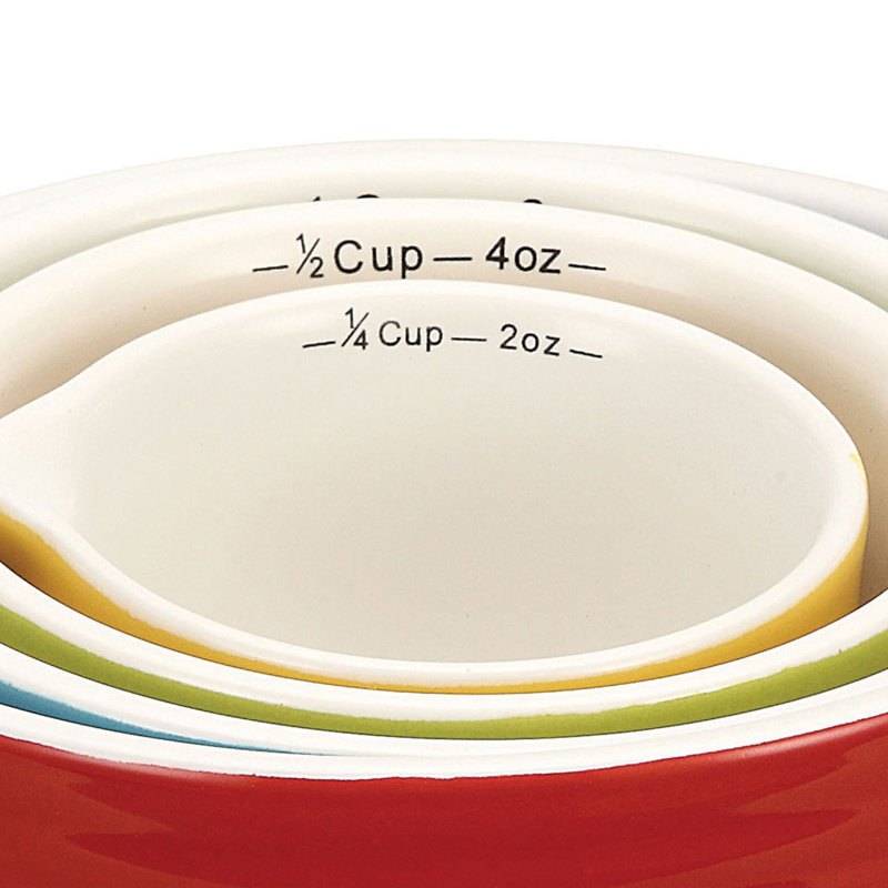 4‑Piece Stoneware Ribbed Batter Bowl Measuring Cups, Red/Blue/Green/Yellow