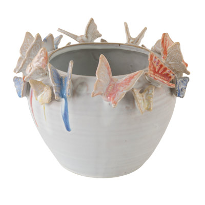 Reactive Glaze Stoneware Planter with Butterfly Rim