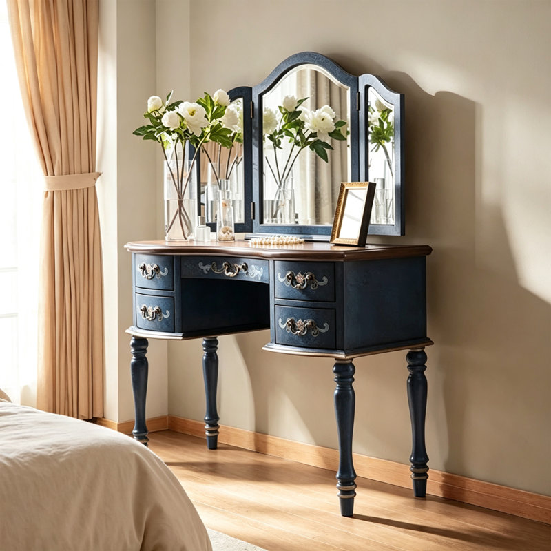 Retro Painted Blue Solid Wood Makeup Vanity