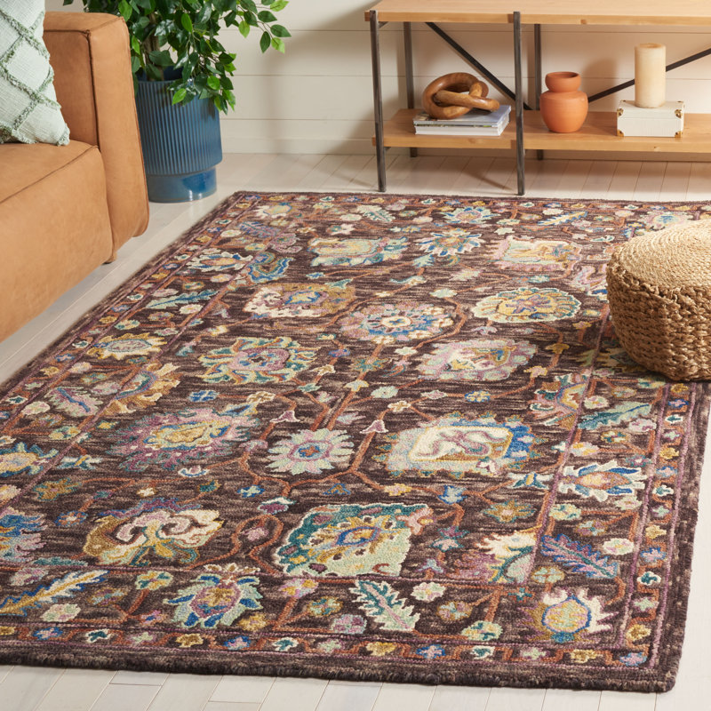 Tapis floral en laine / coton touffeté Sereta brun / bleu / gris anthracite / lavande / gris, Rectangle 4 pi x 6 pi