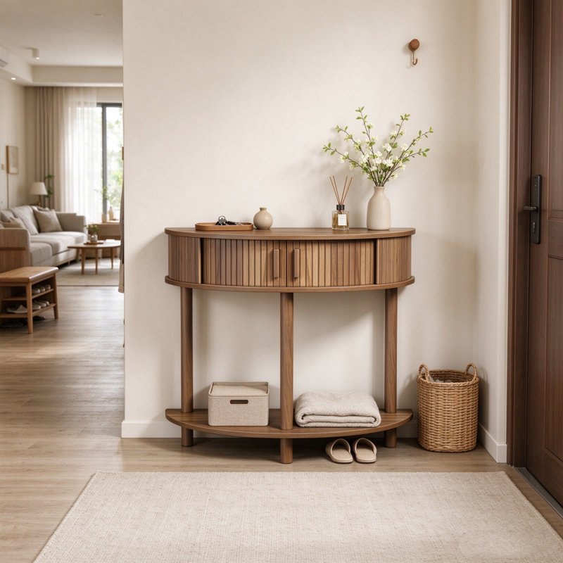 31,5 pouces cannelé demi-lune console de table de ferme en noyer avec canapé et table de décor d'entrée moderne pour vestibule de salon