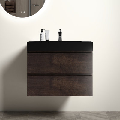 Meuble-lavabo de 30 po avec finition noyer, un lavabo noir, trois tiroirs muraux, 45 tiroirs inclinés, coulissants,