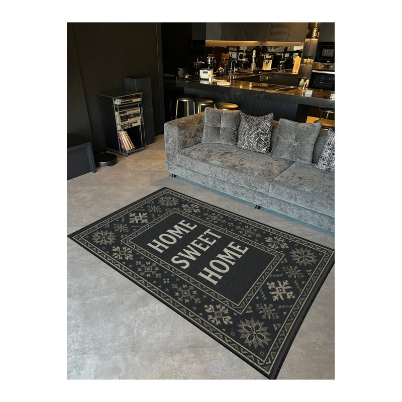 Tapis noir tissé à motif lavable traditionnel Mosso, 2' x 2'11"