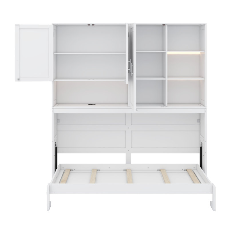 Lit escamotable avec armoire supérieure, tablettes, Blanc