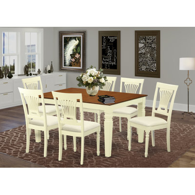 7 Piece Dining Room Table Set Consist of a Rectangle Kitchen Table with Butterfly Leaf and 6 Linen Fabric Chairs, Buttermilk & Cherry