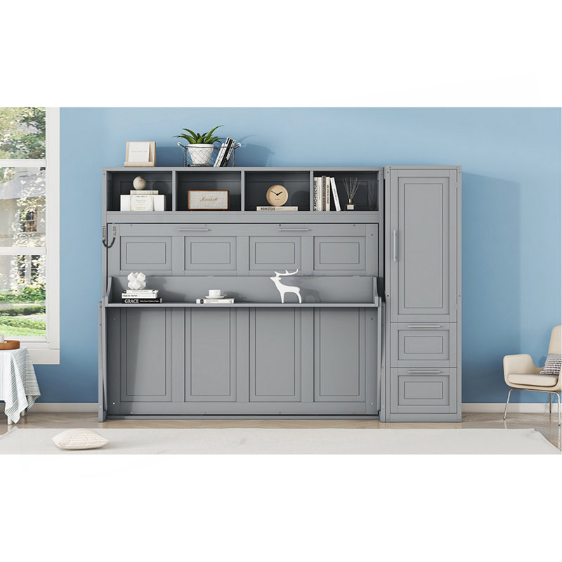 Lit escamotable double pleine grandeur avec placard et tiroirs, gris, Gris