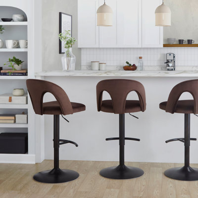 Adjustable Barstool in Black Metal and Espresso Velvet with Rounded T Footrest - Set of 2