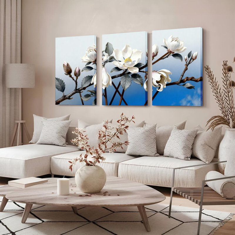 Ensemble de 3 toiles murales représentant des fleurs de magnolia - Décoration florale élégante pour le salon, la chambre ou la maison