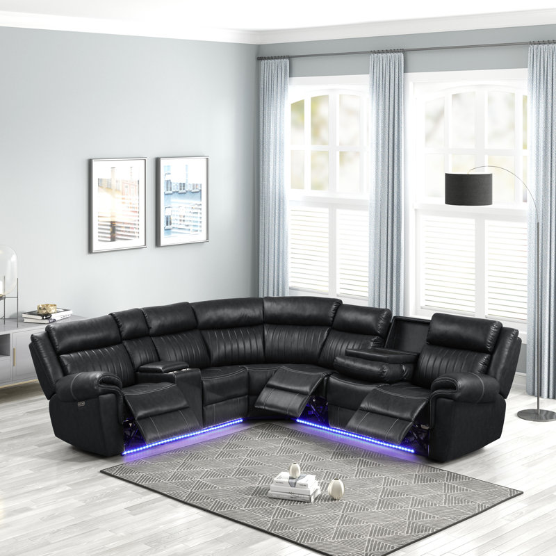 Canapé modulaire inclinable moderne en bois, Similicuir noir