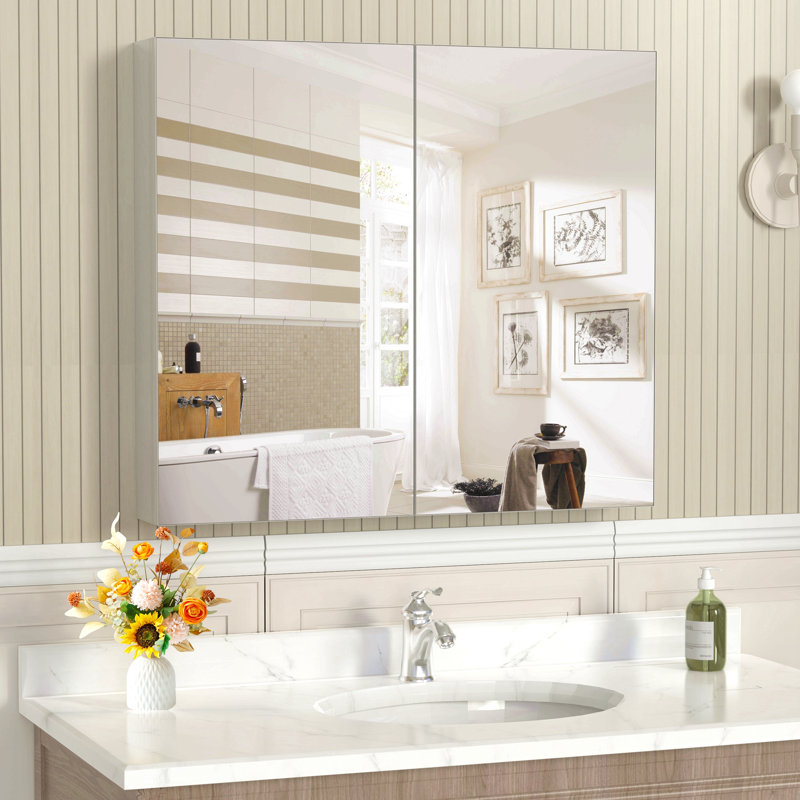 Armoire à pharmacie 32 po x 28 po avec miroir pour salle de bain, miroir de salle de bain mural avec rangement, tablettes réglables, cadre en aluminium, fixation en surface argent