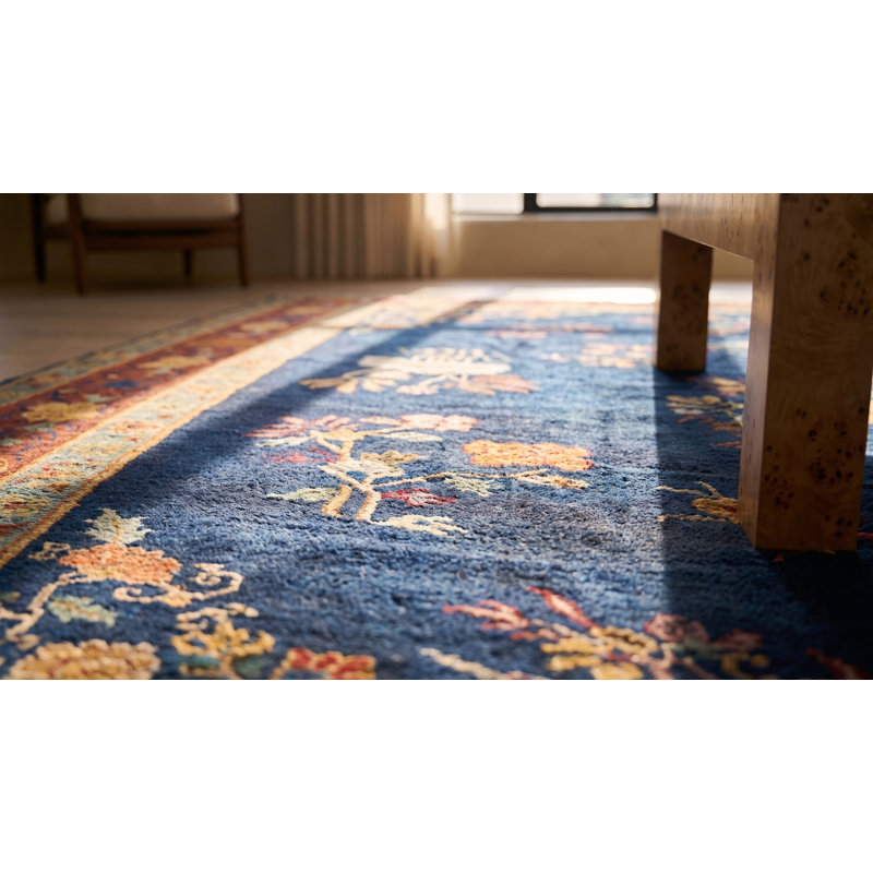 Tapis rectangulaire chinois en laine noué à la main de style antique années 1920 bleu art déco