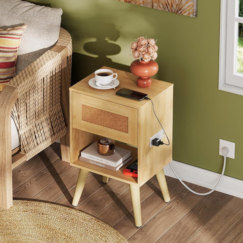 Rattan Nightstand With Charging Station, Boho Night Stand,..., Brown