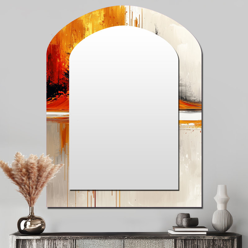Abstract Autumn Forest In Ethereal Horizon II - Landscapes Arch Unique Wall Mirror Decor, Gold Asymmetrical Large Mirror, Printed Metal Art