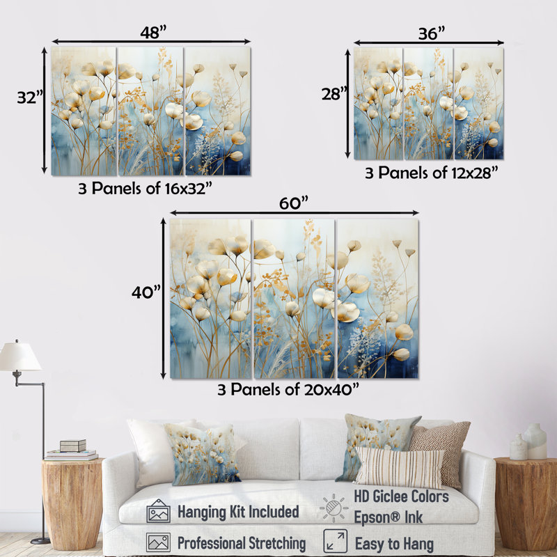 «Grey and Gold Flower Garden Delight I - Plants», ensemble d'art sur toile, Toile tendue, H 28 po x l 36 po x P 1 po