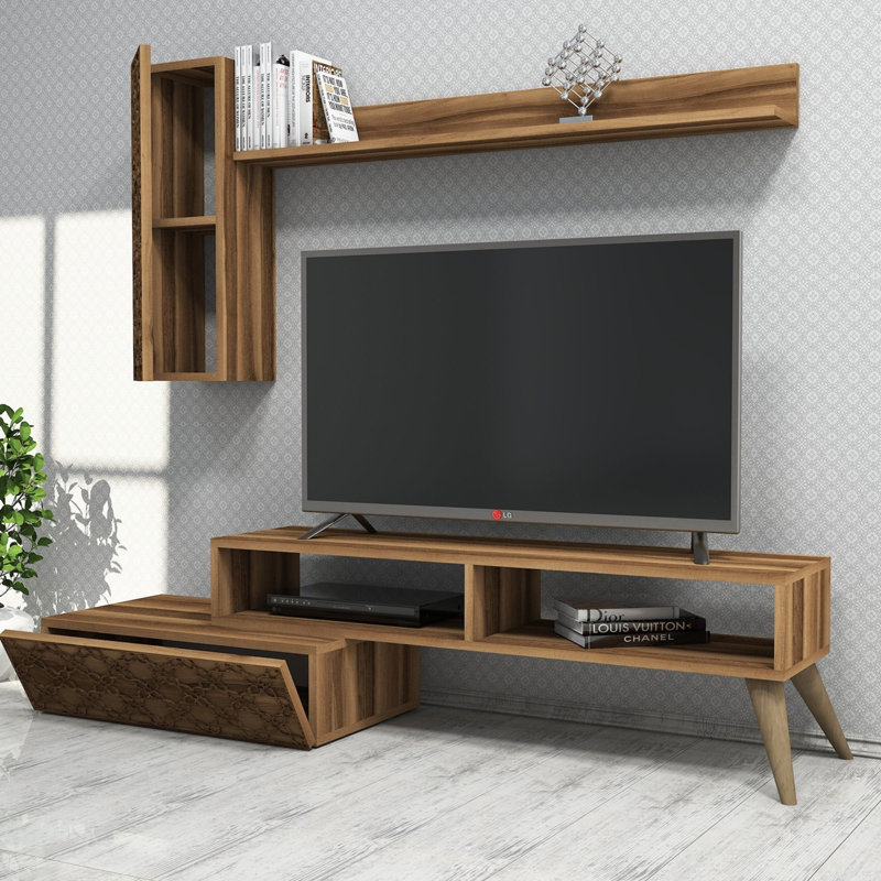 Meuble télé moderne en noyer avec tablette murale et armoire | Panneau de particules enduit 100% mélamine, dimensions: 59,1 po x 14,9 po x 14,6 po | Comprend plusieurs tablettes, des pieds en plastique et une conception murale | Solution de divertissement à la maison élégante et fonctionnelle