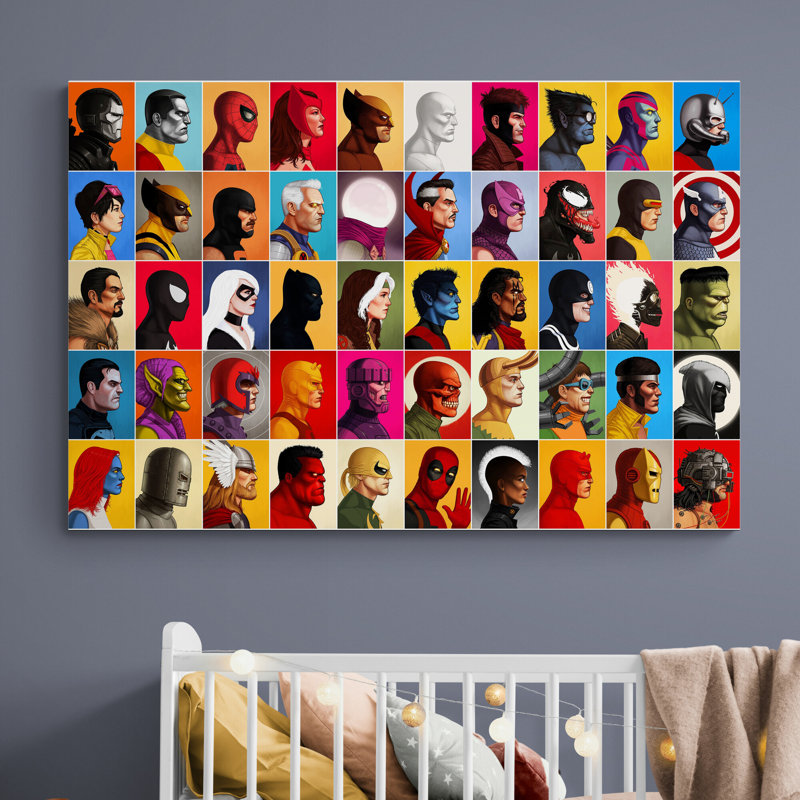 Super Heroes Characters Head Shots Illustration - Wrapped Canvas Painting, 41cm H x 81cm W