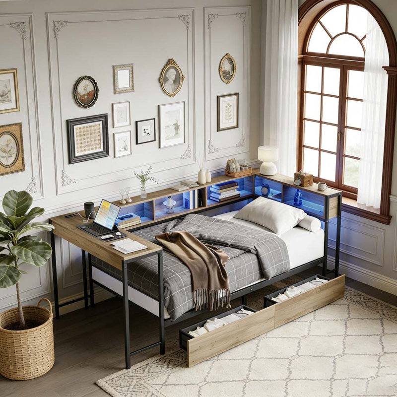 Cadre de lit d'angle avec bibliothèque et 2 tiroirs de rangement sous le lit, Lit double