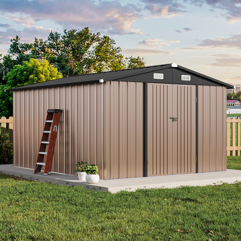 10 Ft. W X 12 Ft. D Metal Storage Shed With Metal Base Frame Kit, Brown, 10' W x 12' D