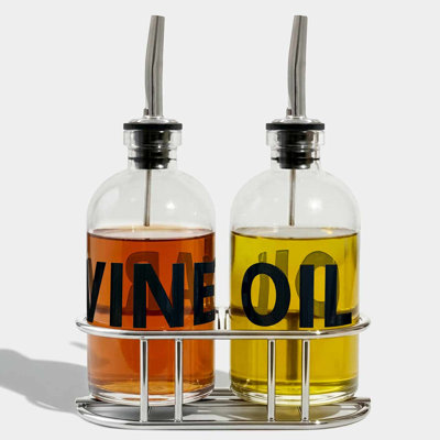 Ensemble de 2 huiliers-vinaigriers en verre avec support en métal et becs verseurs