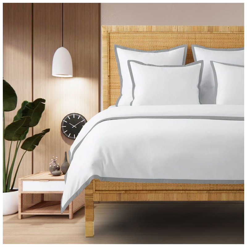 400TC Cotton Sateen Edge Border Frame Duvet Cover Set, White/Dark Gray, Twin XL Duvet Cover + 2 Standard Shams