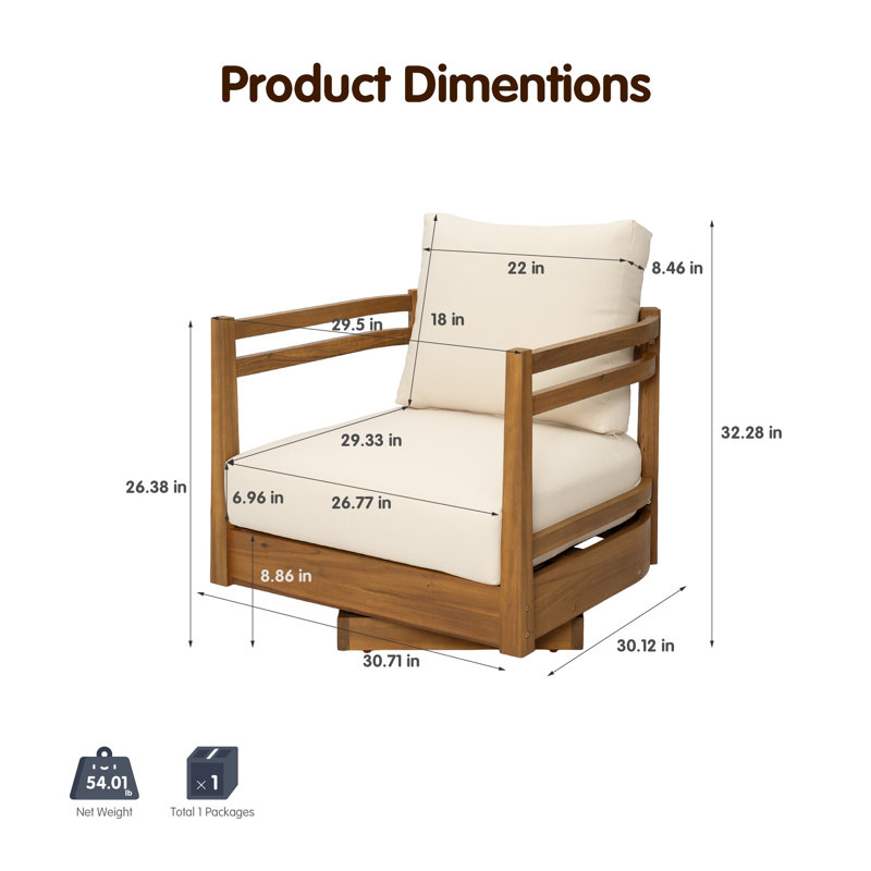 Chaise pivotante d'extérieur en bois d'acacia massif avec coussins beiges résistants aux intempéries