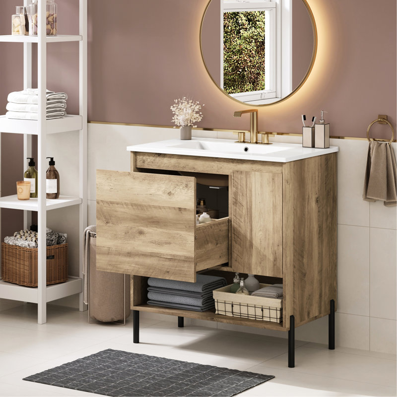 Meuble-lavabo moderne de 30 po avec lavabo en céramique, compartiments à tiroirs profonds, armoire, tablette ouverte, finition grain de bois, solution de tiroir pour armoire de rangement, porte, structure en bois, pieds en métal, teinture