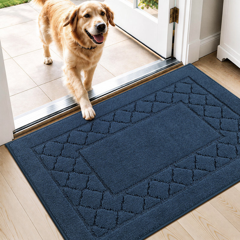 Tapis d'entrée géométrique lavable avec envers antidérapant, Marine, L 32 po x L 48 po