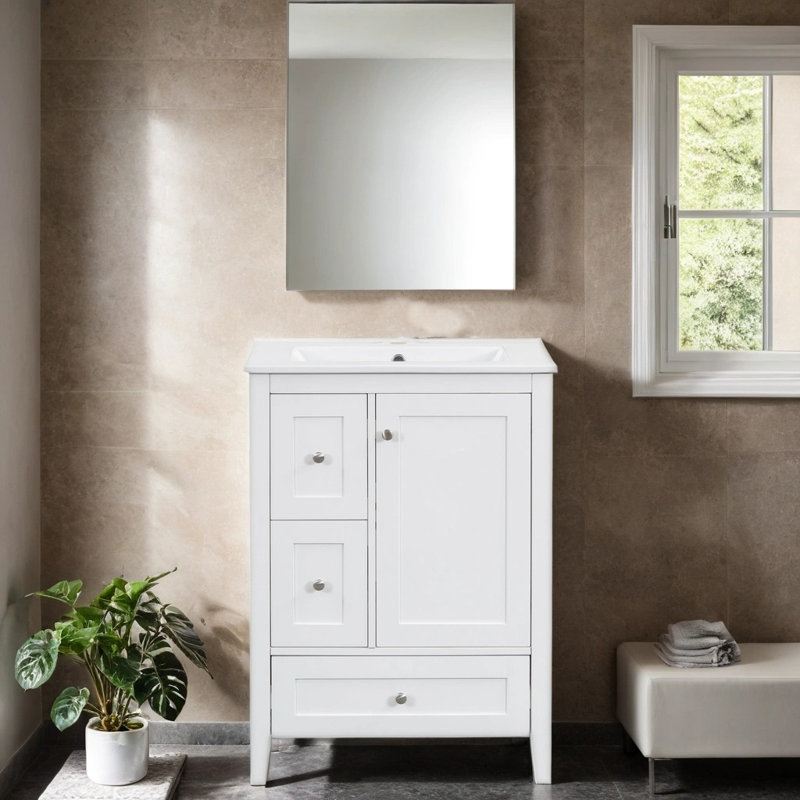 24" Freestanding Bathroom Vanity with Ceramic Sink, Storage Cabinet with Adjustable Shelf , White