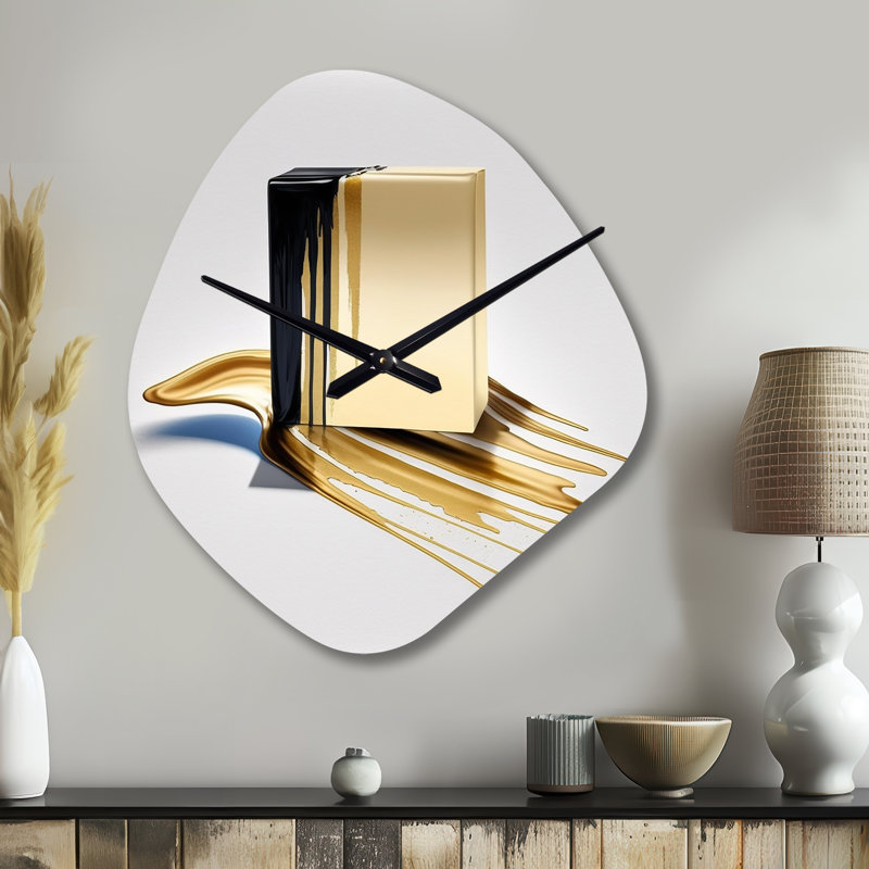 Horloge murale en forme de cubisme, forme unique et noire, impression cubique noire et dorée, Grand