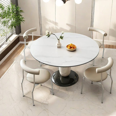 Creamy Glossy Round Rock Board Dining Table