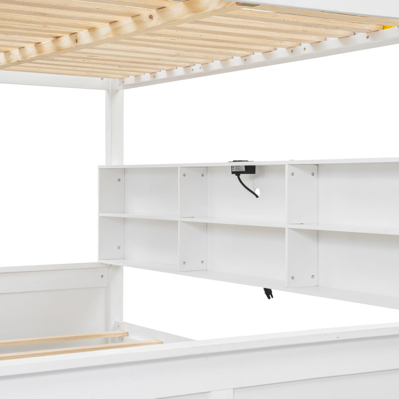 Lit double superposé au-dessus de grand lit double avec armoires de rangement et ports USB, Lit superposé double sur grand