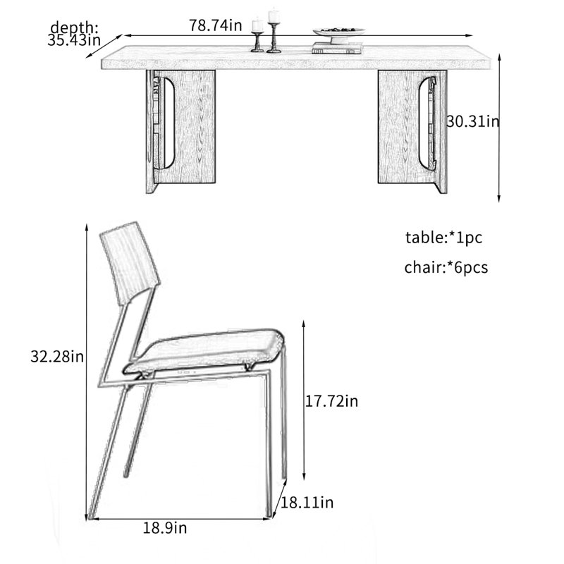 Ensembles de table de salle à manger de style français., H 30,31 po x L 78,74 po x l 35,43 po