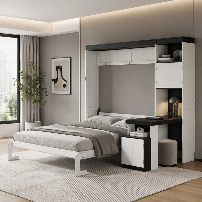 Lit escamotable double avec bureau, tablettes et armoires de rangement