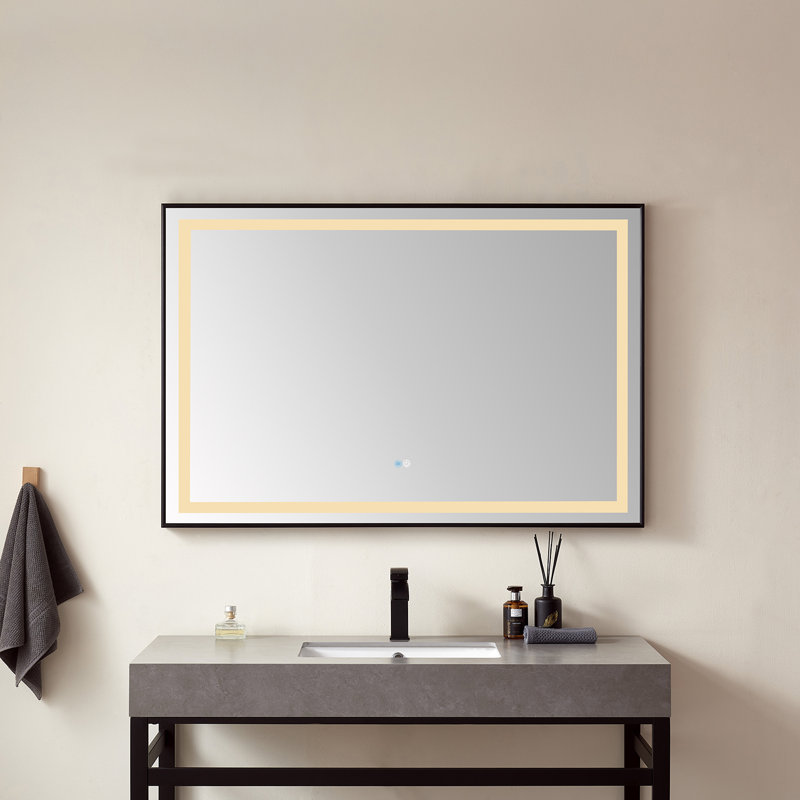 Metal Flat Wall Mirror, 32" H x 36" W , Brushed Gold