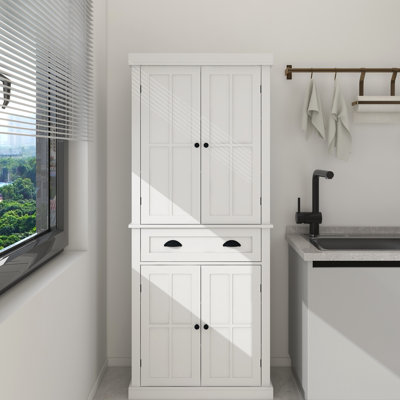Kitchen Pantry Storage Cabinet , With 4 Doors, Drawer, 2 Adjustable Shelves, Freestanding Cupboard