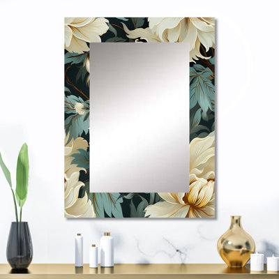 Aleksy blanc et bleu naturel damassé sérénité - miroir décoratif floral, chalet, miroir mural traditionnel, impression d'art en métal