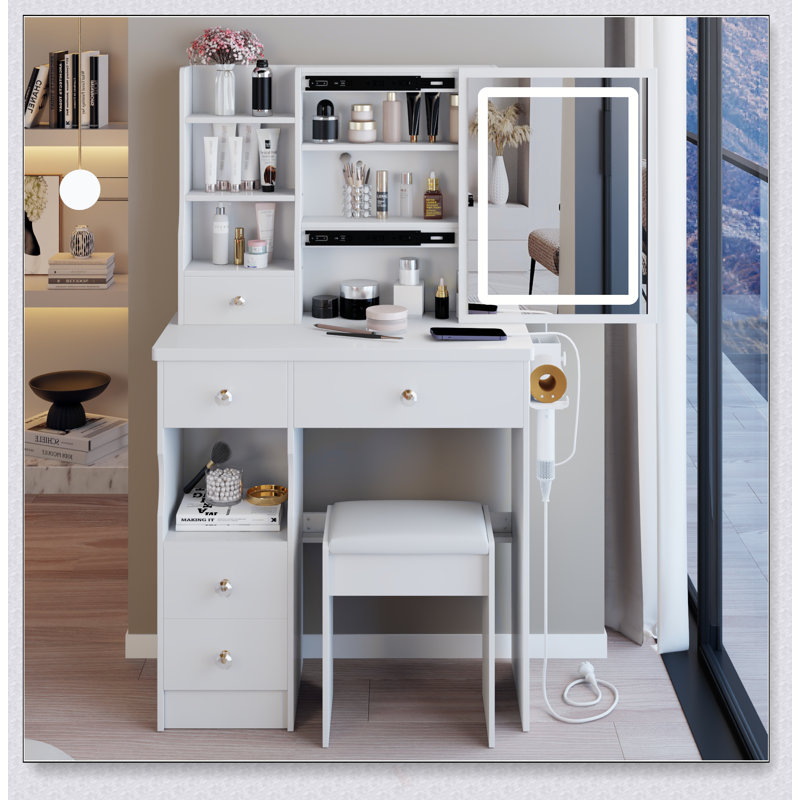 Compact Vanity Table With LED Mirror, Power Station, And Hair Dryer Bracket For Small Bedrooms And Limited Spaces