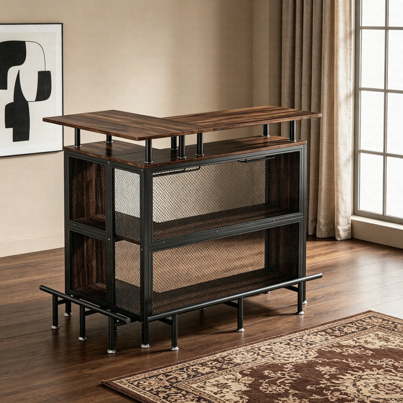 L-Shaped Home Bar Unit With Storage, Corner Bar Table With Wine Glass Holder For 12 Glasses, Liquor Cabinet With Shelves & Footrest