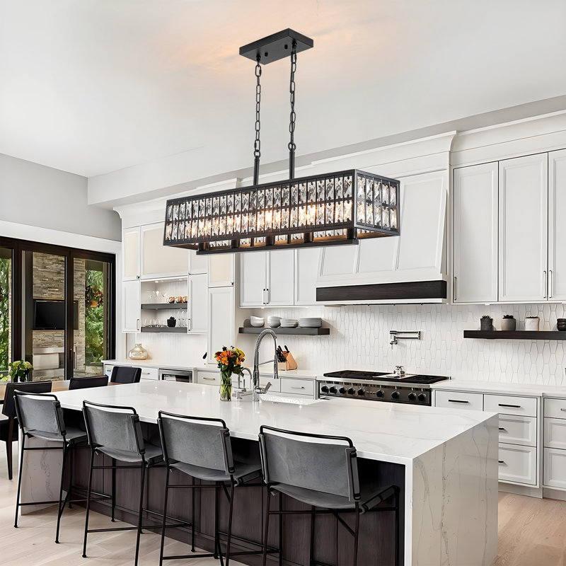 Modern 5 Lights Rectangular Black Crystal Chandelier For Kitchen Island, Matte Black