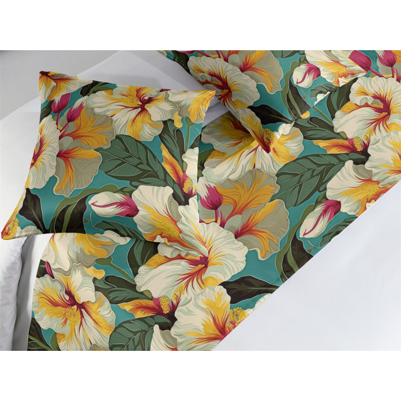 Ambesonne Hibiscus Bed Runner Set Exotic Garden Dreamy Bloom Apricot Dark Pink Teal, King