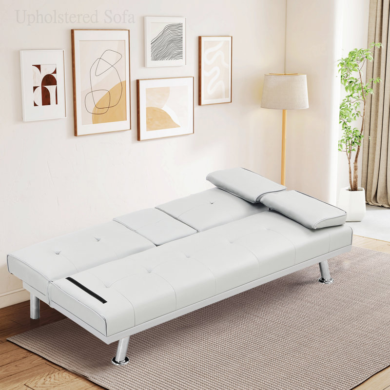 Deantwan Rolled Arm Sleeper, White Faux Leather, 33" H x 67" W x 31" D