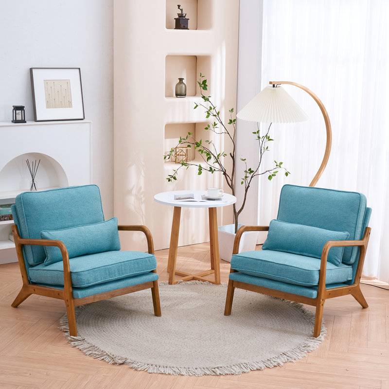 Lemley Mid Century Solid Wood Accent Chair Upholstered Armchair With An Extra Pillow （Set Of 2), Blue Linen Blend