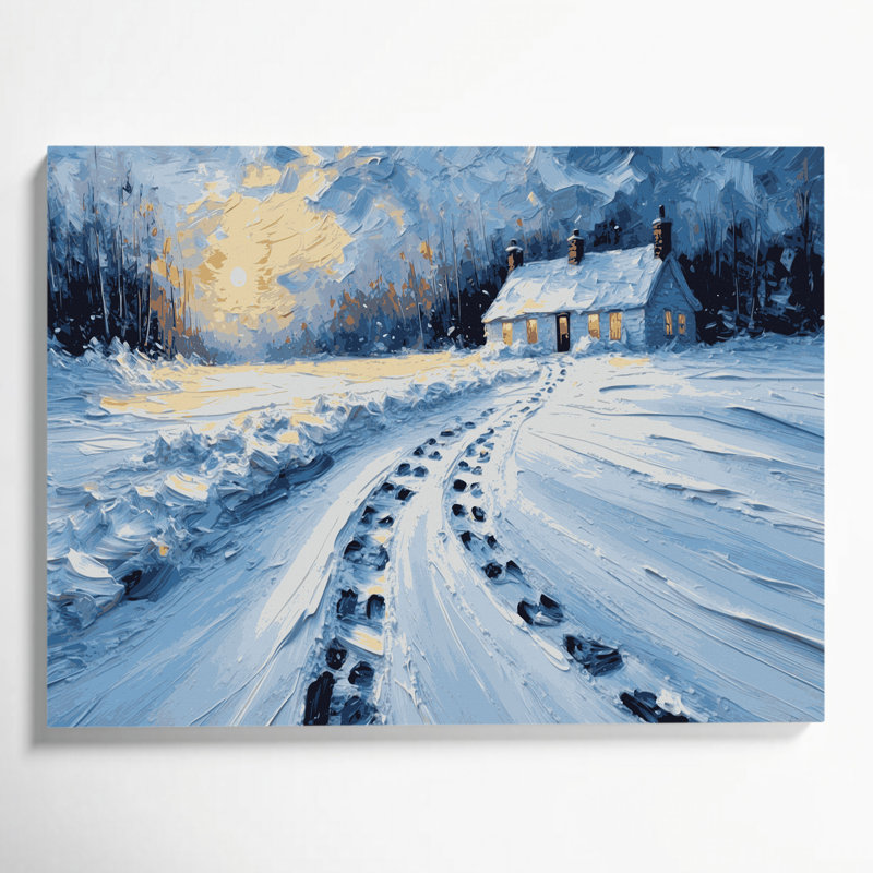 Toile grise de Noël dans la neige menant à une maison, H 20 po x l 24 po