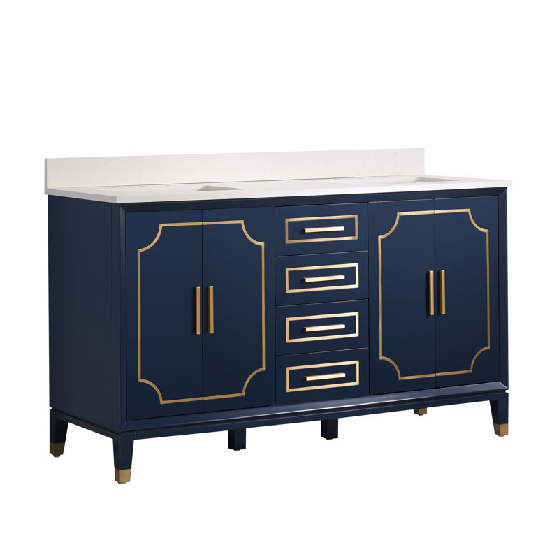 35'' H X 60' W Solid Wood Freestanding Bath Vanity With Carrera Quartz Top And Double Sink, Marine