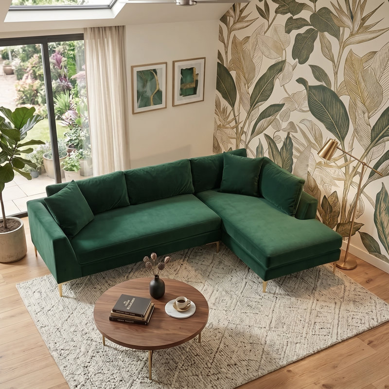 Ludivine 112" Wide Velvet Sofa & Chaise, Green Velvet, Right Hand Facing