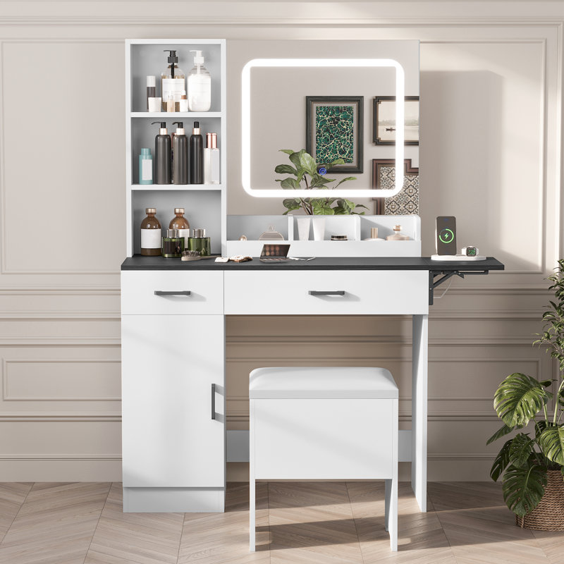 Leayla Makeup Vanity Desk with Adjustable LED Lights, Charging Dock, Stool, and High-Definition Mirror