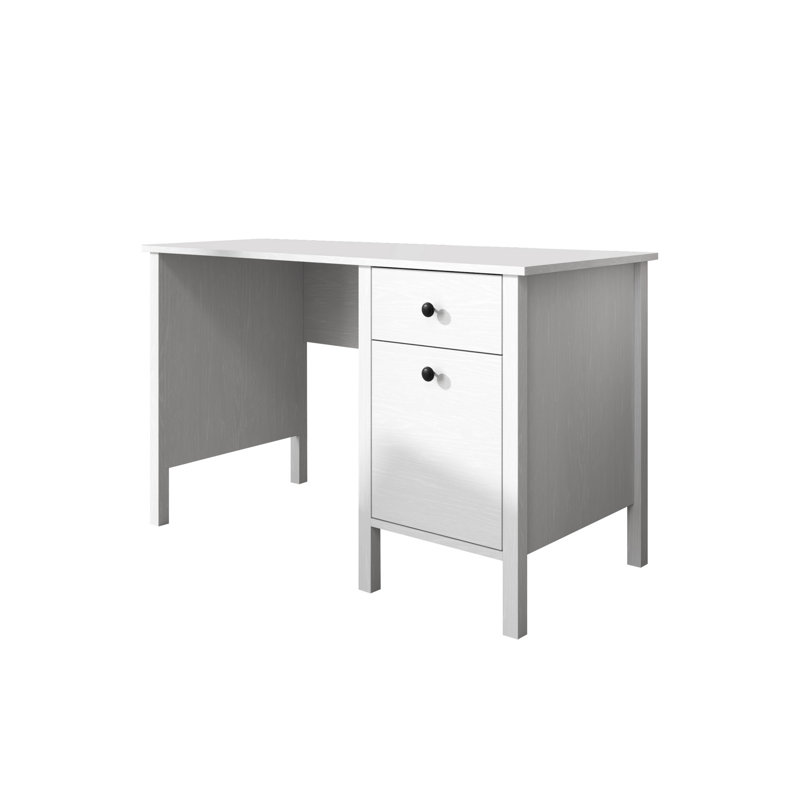 Bureau d'étude moderne avec tablettes, finition blanche et bois, 47,2 po x 29,5 po x 23,6 po | 100% panneau de particules enduit de mélamine, épaisseur de 0,7 po | Pieds en panneau de fibres à densité moyenne, poignées en métal, fixation murale | Élégant et fonctionnel pour le bureau personnel