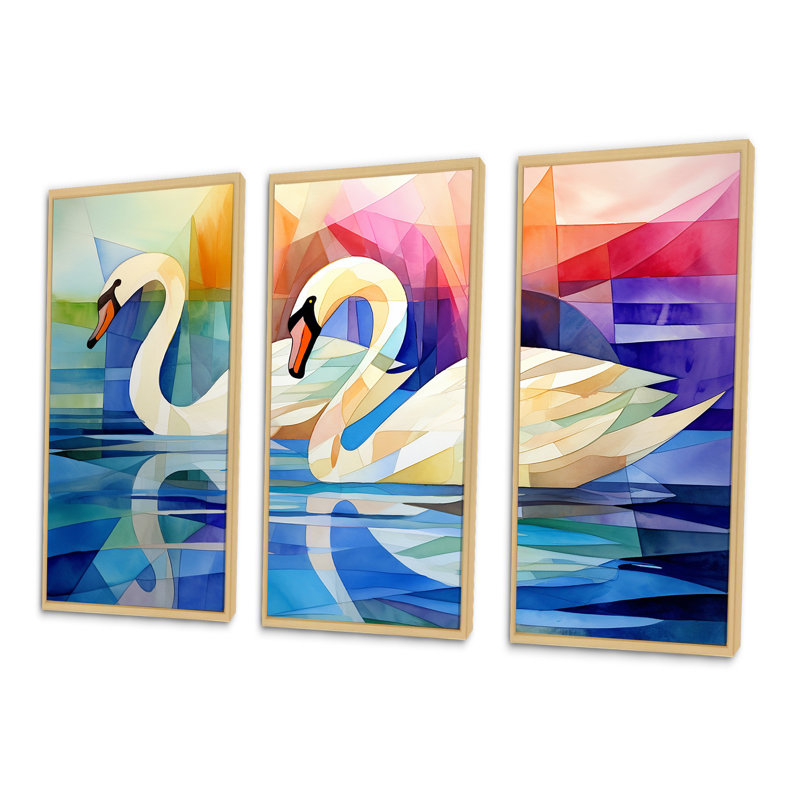 Cubique cygne, sonate, mélodie - ensemble d'art mural animaux cygnes, Cadre naturel flottant, H 32 po x l 48 po